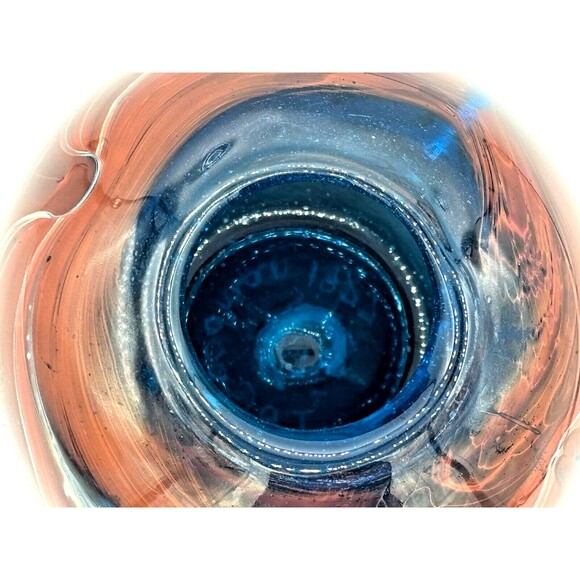 JP Goodman Mouth Blown Art Glass Vase Earth Tone Swirl Blue Interior Signed 1977 - Picture 9 of 16